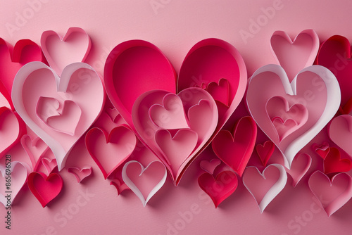 Valentine's Day card with hearts paper cut style on a pink background. Generative AI