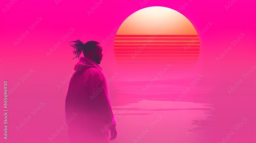Silhouette of a man walking against the background of the setting sun and the city skyline. Bright sunset with pink-orange hues, soaring birds. Silhouette of a man walking against the background of the setting sun and the city skyline. Bright sunset with pink-orange hues, soaring birds.