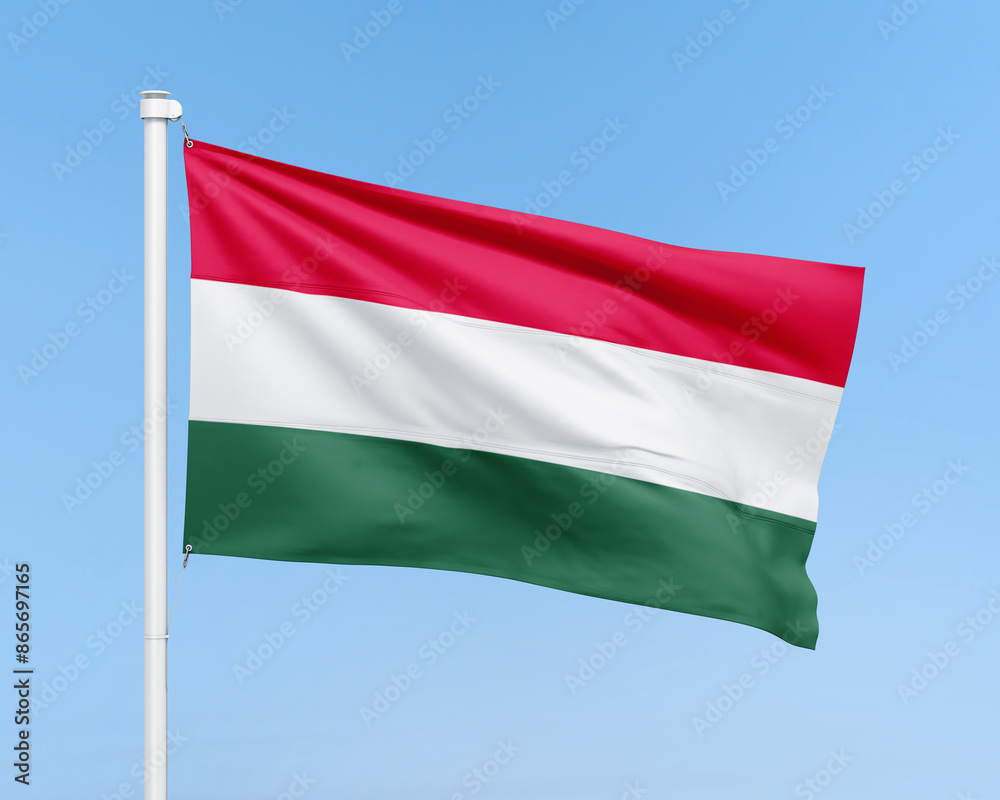 Hungary flag on stick on sky background. Realistic flag illustration Hungary flag on stick on sky background. Realistic flag illustration