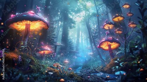 A magical forest with glowing mushrooms, fairies, and a stream. © Berivan
