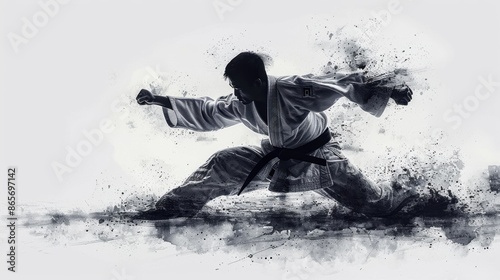 Artistic and professional reverse silhouette of a judoka in action on a pure white background