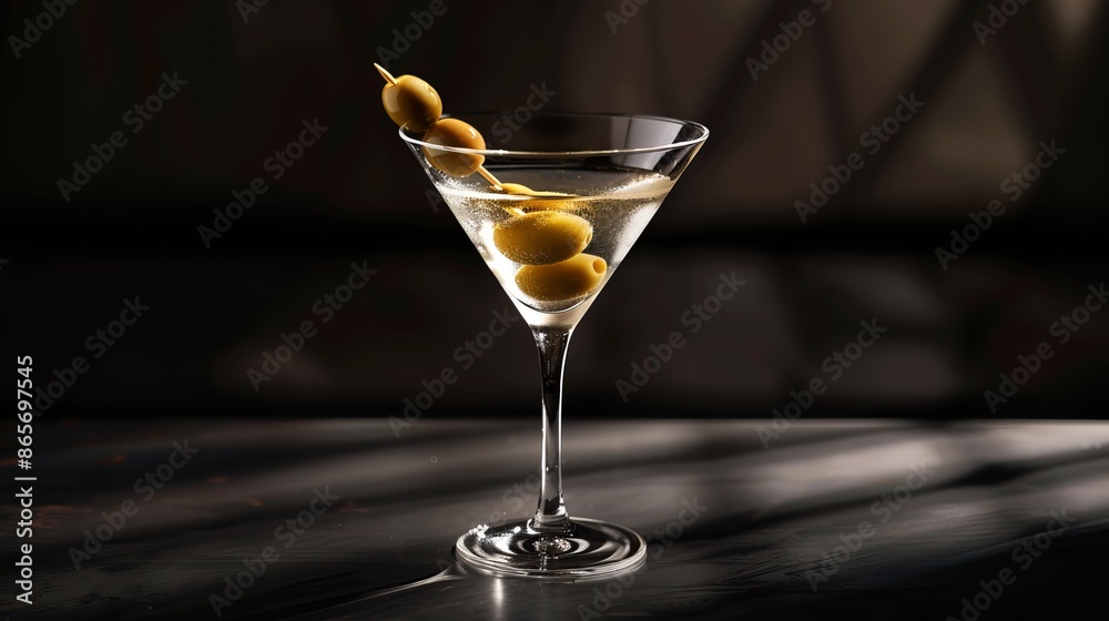 Classic vodka martini cocktail with vermouth and green olives. Served with a dark background and strong lighting creating shadows. Classic vodka martini cocktail with vermouth and green olives. Served with a dark background and strong lighting creating shadows.
