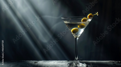 Classic vodka martini cocktail with vermouth and green olives. Served with a dark background and strong lighting creating shadows.