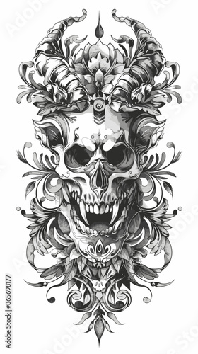 A skull with horns and flowers is drawn in black and white. The skull has a menacing look and the flowers add a touch of elegance to the design