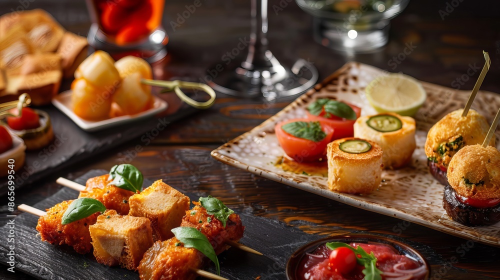 Finger foods served with cocktails before dinner. Often available at cocktail bars. Finger foods served with cocktails before dinner. Often available at cocktail bars.