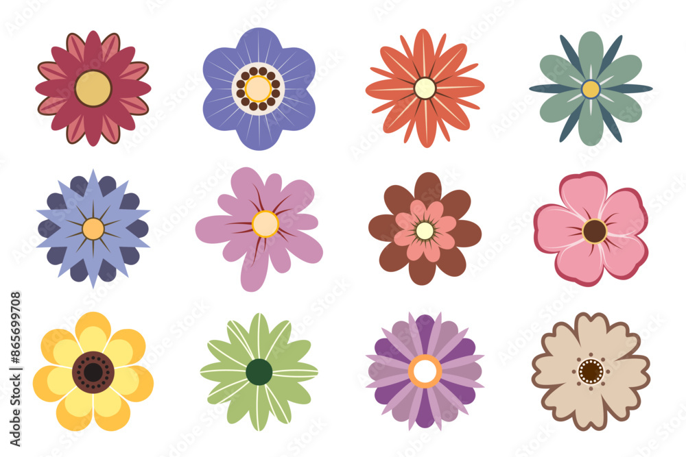 Abstract flowers, geometric shapes, top view. Spring and summer flora. Botanical elements flat style Abstract flowers, geometric shapes, top view. Spring and summer flora. Botanical elements flat style