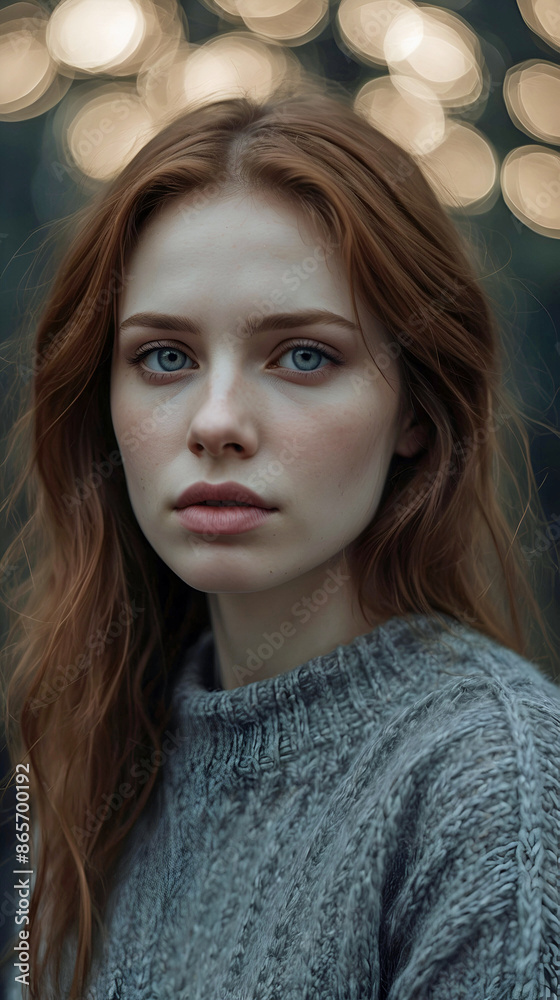 Concerned Young Woman Auburn Hair Blue Eyes Grey Knit Sweater Concerned Young Woman Auburn Hair Blue Eyes Grey Knit Sweater