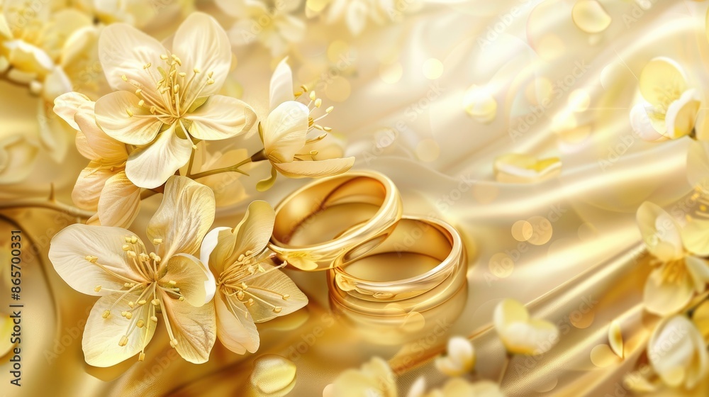 Golden wedding bands and Apple flowers on a background of gold Golden wedding bands and Apple flowers on a background of gold