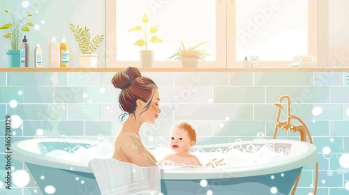 A loving mother bathes her baby in a warm, bubbly bath. The bathroom is bathed in soft sunlight, creating a peaceful and caring atmosphere. Generative AI