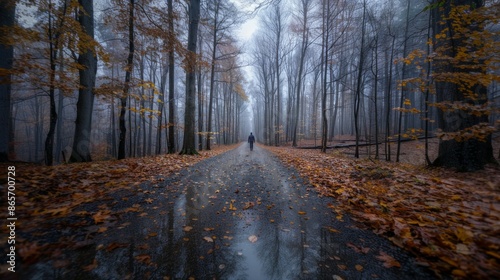 Fototapeta Naklejka Na Ścianę i Meble -  A man walking in the forest in foggy weather. Walkways and a man. A man walking alone. 