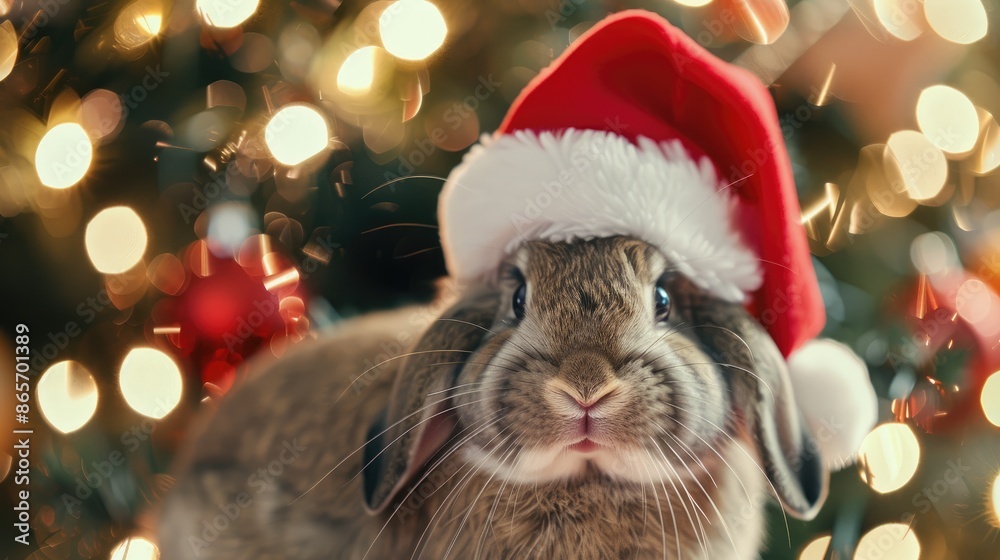 Fluffy bunny in front of a Christmas tree with blurred lights wearing a Santa hat