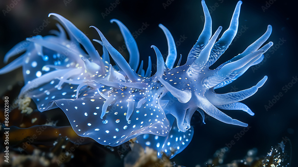 Amidst icy depth of North Pacific intricate beauty of blue dragon sea slug revealed through lens of macrophotography setup Using specialized lighting technique iridescent hue delicate cerata of rare Amidst icy depth of North Pacific intricate beauty of blue dragon sea slug revealed through lens of macrophotography setup Using specialized lighting technique iridescent hue delicate cerata of rare