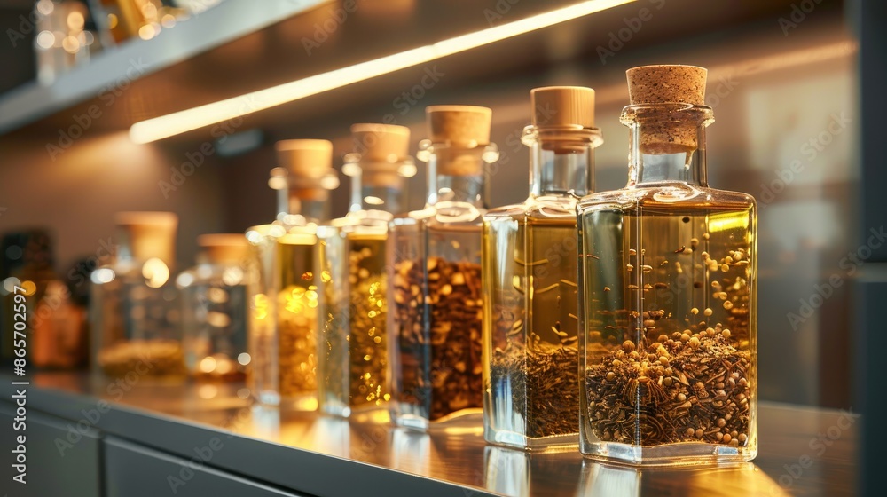 Oil and spices in glass containers on kitchen shelf Oil and spices in glass containers on kitchen shelf