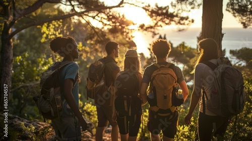 A group of friends hiking through a forest with a stunning sunset over a rocky shoreline in the background. AIG53M photo