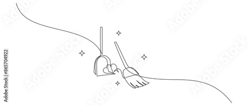 Cleaning and sweeping tools in one continuous line drawing. Broom with dust symbols and cleanup concept in simple linear style. Housekeeping in editable stroke. Monoline vector illustration