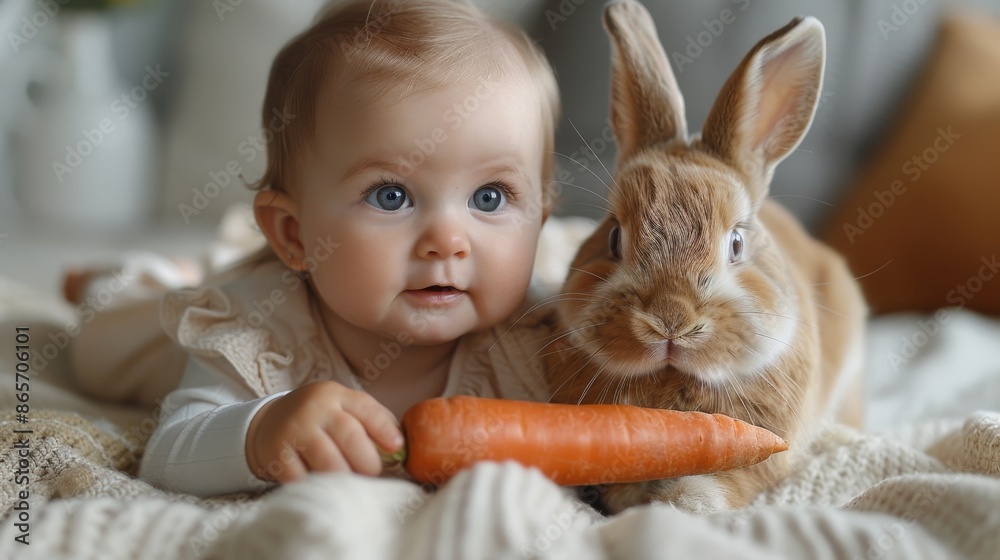 Sharing a carrot with a bunny is healthy for the baby girl Sharing a carrot with a bunny is healthy for the baby girl