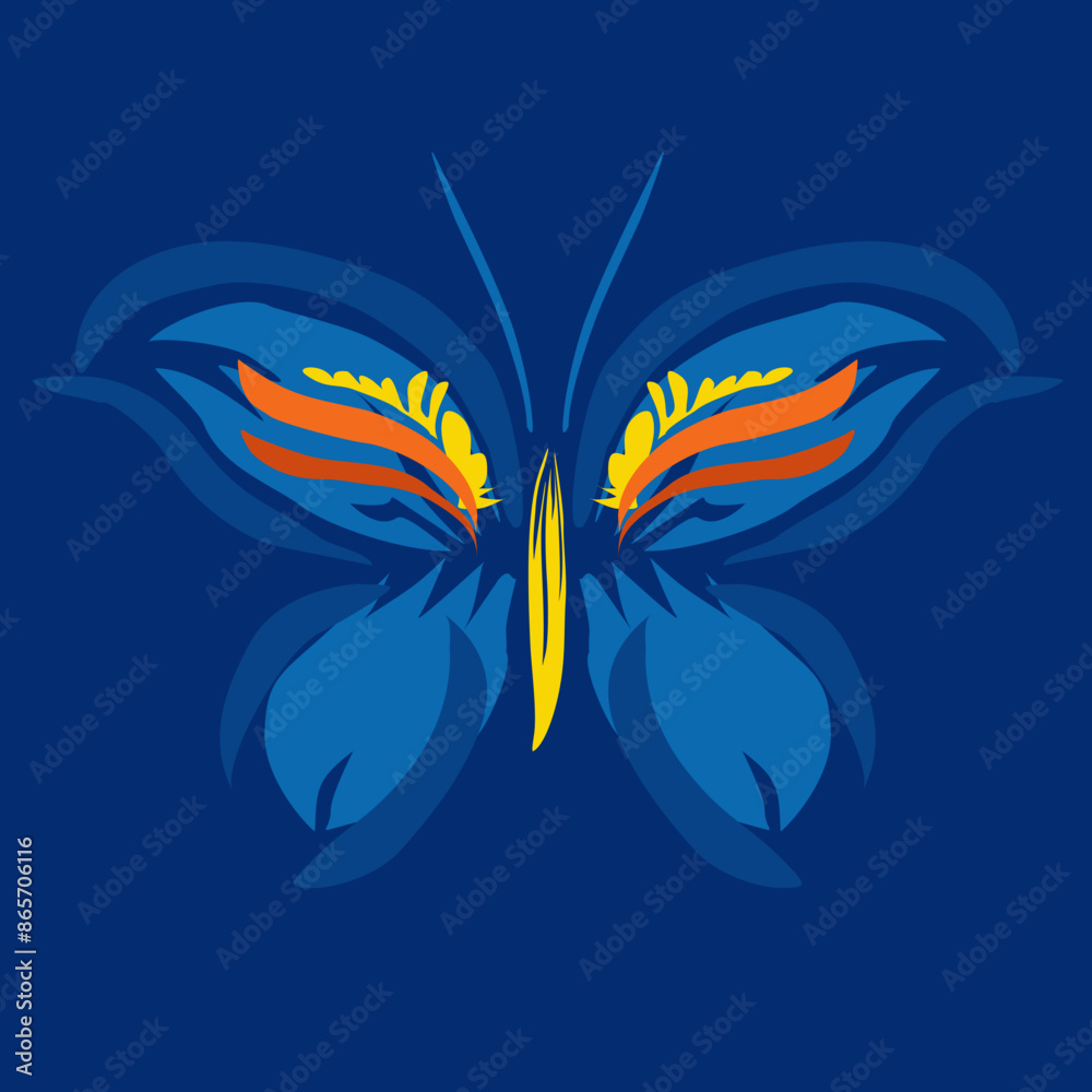 Obraz premium Beautiful butterfly. Stylized floral ornament. Flower symbol in yellow and blue colors. Summer mood