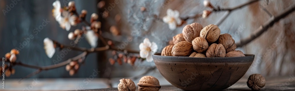 Bowl of walnuts with spring blossoms in the background