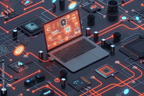 A modern software development setup featuring a laptop, surrounded by animated digital schematics of circuit boards and IoT device icons. photo