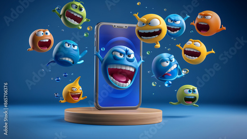 Hateful emojis are emerging from a cell phone, representing the concept of spreading hate on social media, AI generated