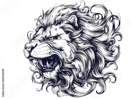 A lion with a menacing look on its face. The lion's mane is wild and unkempt, and its mouth is open, revealing sharp teeth. Scene is one of danger and aggression