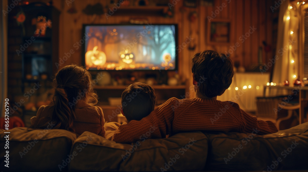 Family with children on the couch watching a Halloween horror TV show