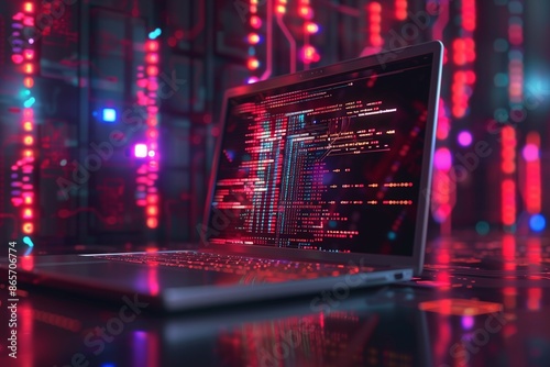 A visually striking image of a software development environment, featuring a laptop with animated code and virtual circuit board patterns seamlessly integrated.