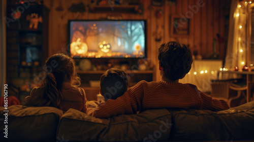 Obraz na płótnie Family with children on the couch watching a Halloween horror TV show w salonie