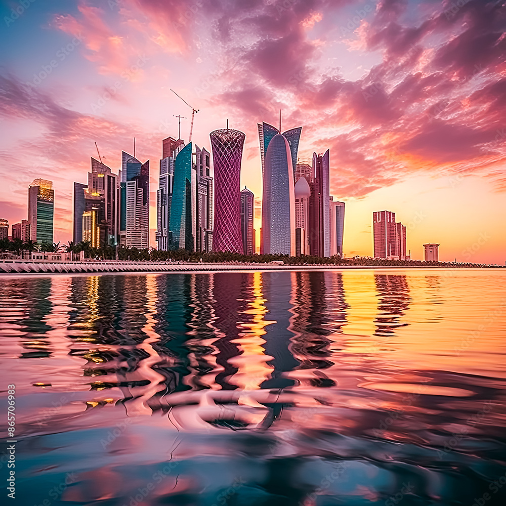 A city skyline is reflected in the water at sunset. A city skyline is reflected in the water at sunset.