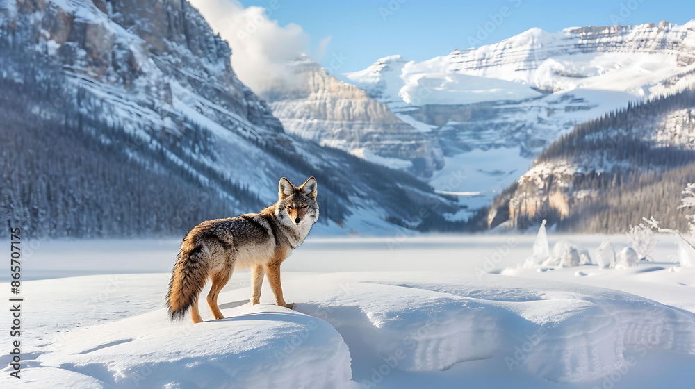 Beneath towering peak of Canadian Rockies frozen shore of Lake Louise become pristine canvas of snow ice during winter month Beneath towering peak of Canadian Rockies frozen shore of Lake Louise become pristine canvas of snow ice during winter month