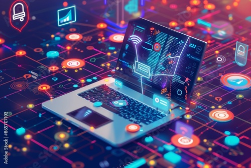 An intricate digital landscape featuring a laptop with dynamic software development environments, surrounded by floating icons representing various IoT applications.
