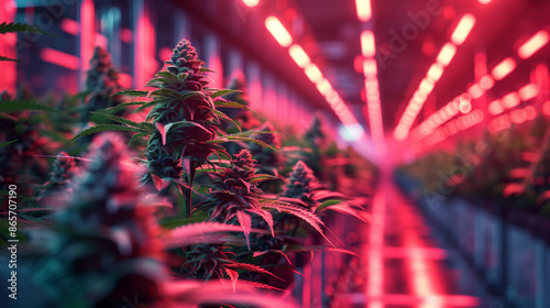 An indoor cannabis grow operation with rows of plants illuminated by red LED lights.