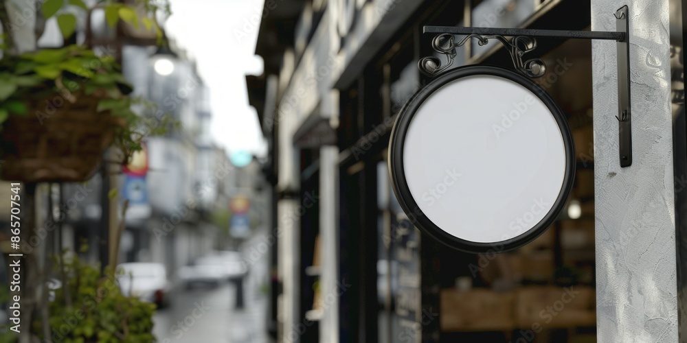 Blank white outdoor round box mockup wall mounted, sky background. Empty advert signplate on textured wal mock up. Clear circle billboard for shop logotype mokcup template.