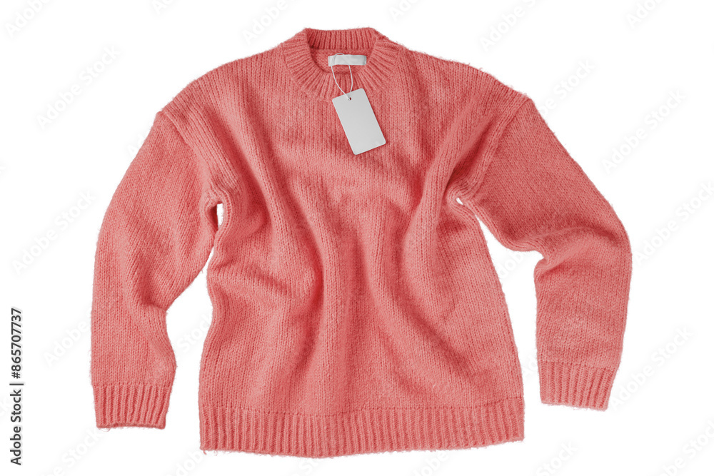 Red flying crumpled women autumn knitted sweater with blank label tag isolated on white, transparent background. Creative clothing concept, cozy creasy jersey pullover. Fashion template, mockup Red flying crumpled women autumn knitted sweater with blank label tag isolated on white, transparent background. Creative clothing concept, cozy creasy jersey pullover. Fashion template, mockup