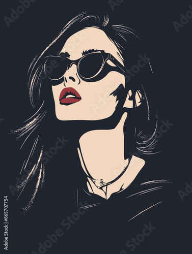 A woman with sunglasses on her face. She is wearing a red lipstick. The image has a mood of coolness and confidence