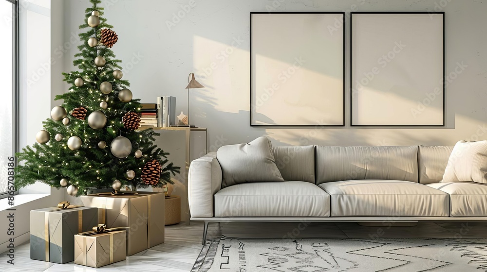 A modern Christmas setting with a wall featuring minimalist Christmas art prints and sleek, metallic decorations A modern Christmas setting with a wall featuring minimalist Christmas art prints and sleek, metallic decorations