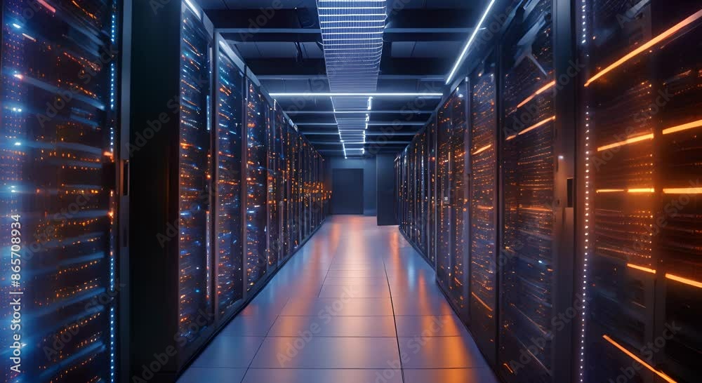 A dark room with many computer servers with a green glowing recycle symbol in the center 4k A dark room with many computer servers with a green glowing recycle symbol in the center 4k