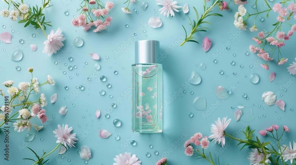 Promotional banner concept featuring a cosmetic bottle filled with hydrating oil and flowers on a blue background viewed from the top Promotional banner concept featuring a cosmetic bottle filled with hydrating oil and flowers on a blue background viewed from the top