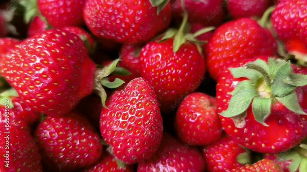 Harvest Of Ripe Red Strawberries, Close up, Strawberry Rotation. Isolated Fresh Strawberries. Vegetarian Food. Abstract Strawberry Background. Berries, Fruits.