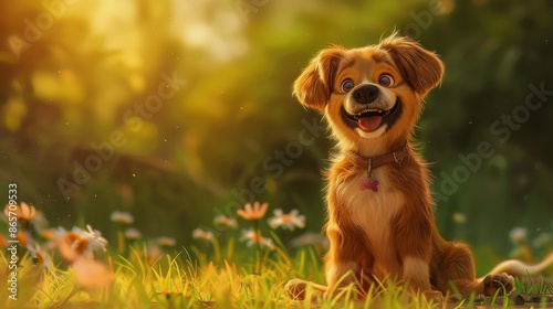 A black and white dog, illustrated in an animated style, captures the attention. The dog is portrayed as an adorable mummy, a companion animal for the child.