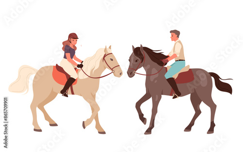 Horse riders characters set vector illustration. Cartoon isolated man and woman equestrians with jockey gears and helmet holding bridle, sitting on horseback, horseriding collection of training people