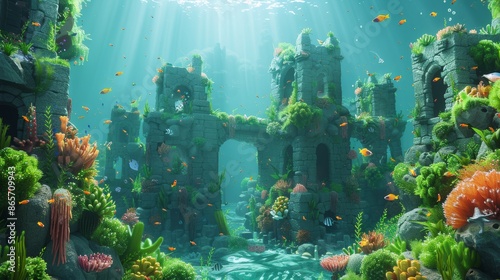 Fototapeta Naklejka Na Ścianę i Meble -  Animated underwater landscape with stylized stone ruins, vibrant coral formations, and playful tropical fish.