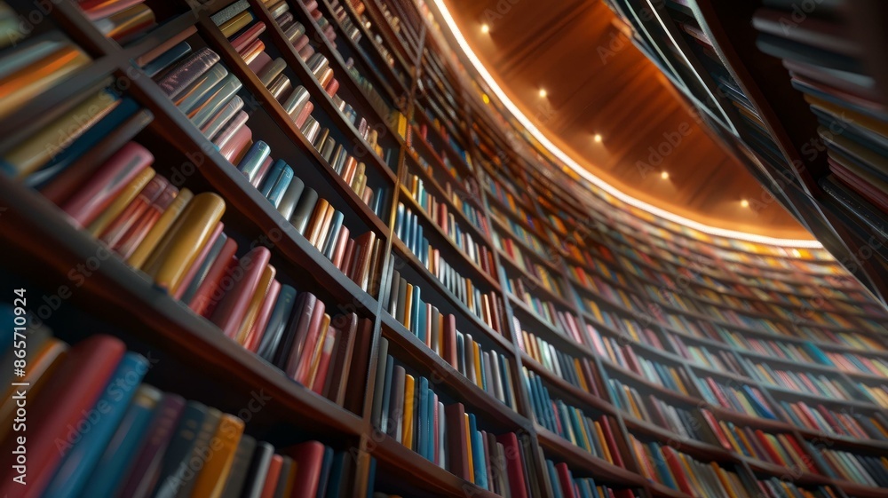 Obraz premium Curved bookshelf filled with colorful books in a modern library with warm ambient lighting