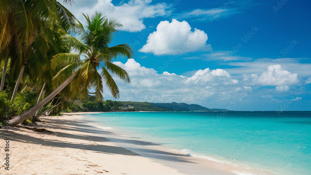 Scenic Beach with Sandy Shores, Palms, and Blue Waters in the Caribbean Islands
Scenic Beach with Sandy Shores, Palms, and Blue Waters in the Caribbean Islands