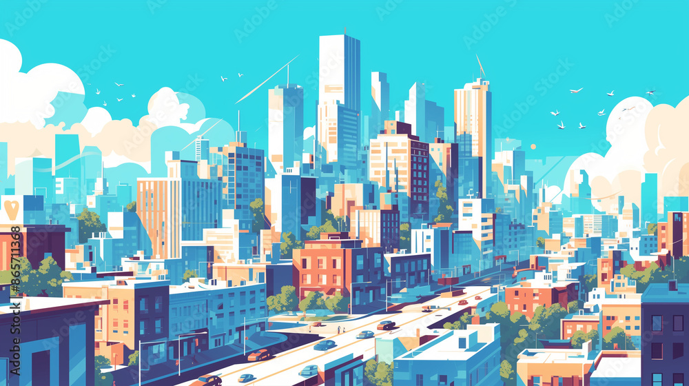 Naklejka premium A vibrant and colorful illustration of a bustling cityscape with skyscrapers, urban buildings, and clear blue skies.