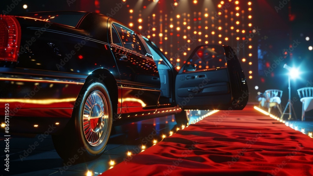Luxury limousine arriving on red carpet at glamorous event with sparkling lights and VIP treatment Luxury limousine arriving on red carpet at glamorous event with sparkling lights and VIP treatment