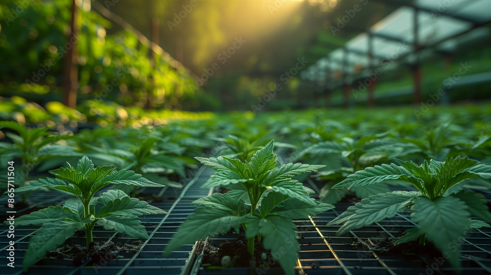 A close-up view of a cannabis farm showcasing young plants thriving in a controlled environment. A close-up view of a cannabis farm showcasing young plants thriving in a controlled environment.