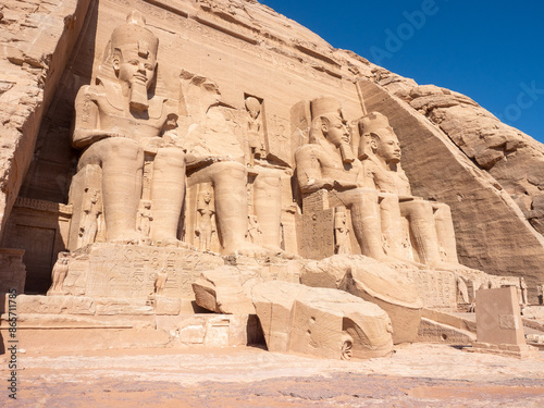 Facade and figures of the Great Temple of Ramses II Abu Simbel , Egypt