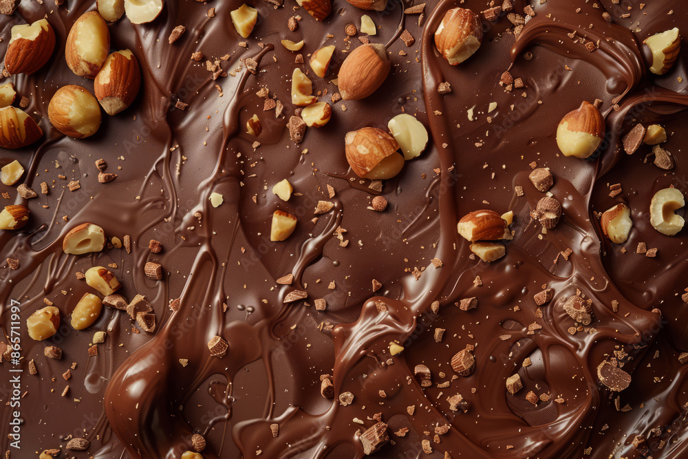 Various nuts scattered over melted chocolate. Texture of chocolate background Various nuts scattered over melted chocolate. Texture of chocolate background