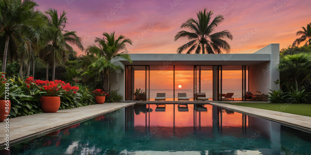 Fototapeta premium swimming pool at sunset in hotel